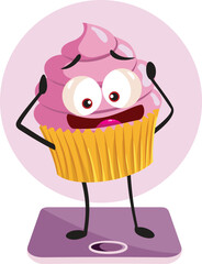 Funny Worried Cupcake Weighing Itself on a Scale Vector Cartoon. Desperate muffin feeling concerned about weight and calories 
