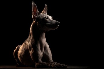 An attentive Xoloitzcuintli dog sits in partial shadow muscles defined against a dark backdrop