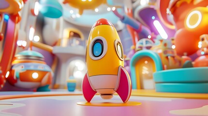 Toy Rocket Standing in Colorful Playroom Interior