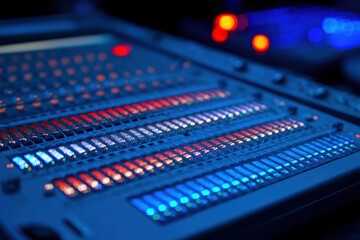 A close-up view of a futuristic sound board with colorful lights illuminating the controls, creating a visually striking image.