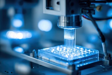 A close-up view of a futuristic machine working on DNA strands, showcasing intricate details and advanced technology.