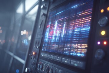 A close-up view of a futuristic computer monitor displaying vibrant colorful lights, creating a visually striking and dynamic display.