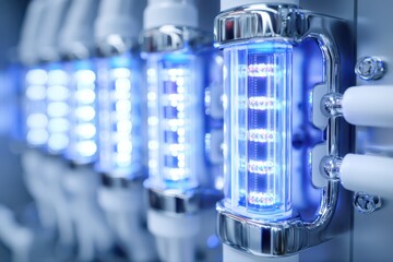 A close-up view of a futuristic DNA strand with ultra-detailed features, illuminated by a row of lights.