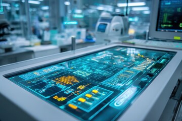 A close-up view of a futuristic DNA design on a computer screen, featuring a blend of blue and yellow colors. The ultra-detailed image showcases intricate patterns and technology.