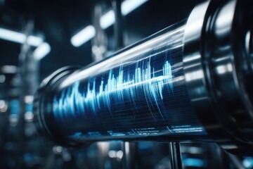 This stock image features a close-up view of a metal tube illuminated by a blue light. The futuristic design and intricate details of the tube give it a high-tech appearance.