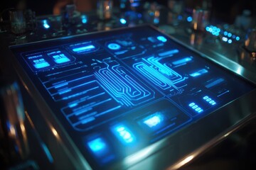 A detailed close-up image of a futuristic computer screen emitting a blue light, resembling a DNA strand.
