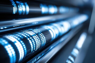 This stock image features a close-up view of a futuristic blue light, resembling a detailed DNA structure. The light emits a vibrant blue glow, creating a captivating and high-tech aesthetic.