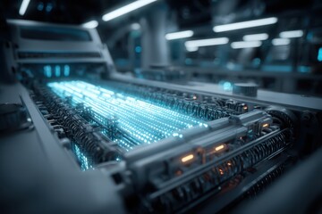 A close-up view of a futuristic computer server with multiple servers inside, resembling a DNA structure.