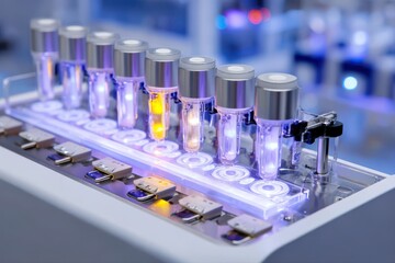 A close-up view of a futuristic DNA model with a row of glass tubes, showcasing intricate details and technology.