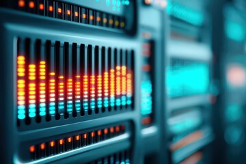 This stock image features a close-up view of a server rack filled with many servers, showcasing a futuristic and high-tech data storage system.