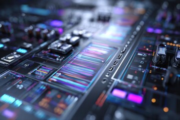 A detailed close-up image of a futuristic DNA-themed DJ mixer, showcasing intricate design and modern technology.