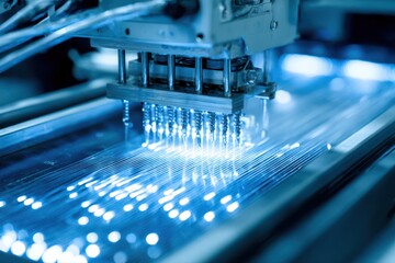 A close-up view of a futuristic machine cutting metal with precision. The intricate details of the machine and the sparks flying off the metal create a dynamic and high-tech image.