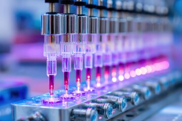 A detailed close-up of a futuristic machine covered in blood, resembling a DNA structure.