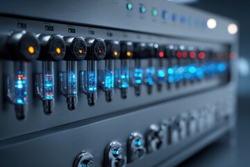 A detailed close-up shot of a rack of futuristic audio equipment, showcasing advanced technology and design.