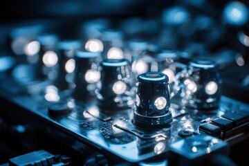 A detailed close-up of a futuristic computer keyboard with a glowing light on it, creating a high-tech and modern look.