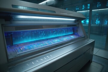 A close-up view of an ultra-detailed futuristic DNA machine with a blue light illuminating it.
