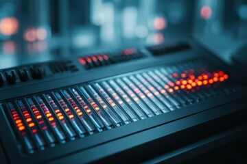 A detailed close-up of a futuristic sound board with illuminated lights, showcasing advanced technology and innovation.
