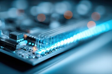 A detailed close-up view of a futuristic computer motherboard, showcasing intricate circuitry and components resembling a DNA structure.