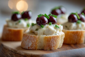 Appetizers on baguette slices feature creamy toppings dark fruit  chives arranged on a wooden board with soft bokeh in background