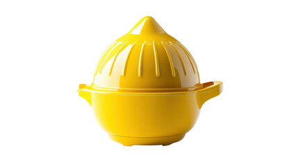 Yellow citrus juicer with transparent container and ribbed reamer isolated on white background
