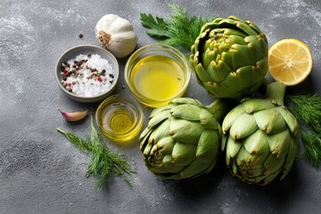 Artichokes garlic lemon salt pepper and oil arranged on a gray surface