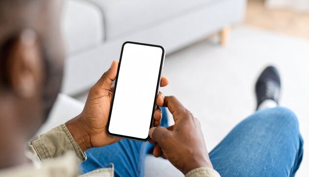 African American man holding a smartphone with a mockup white blank display, empty screen for app ads sitting on a couch at home. Mobile applications technology concept, over-the-shoulder close-up.