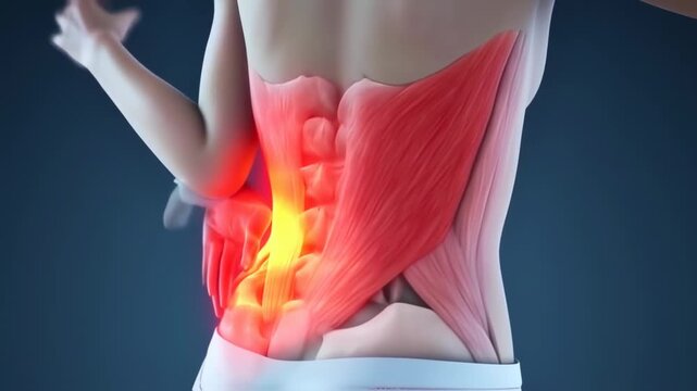 anatomical representation of a woman's back highlighting the muscles and area affected by back pain and lower back discomfort