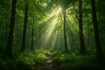 Naklejka premium Sunlit Forest Scene with Beautiful Natural Light and Greenery