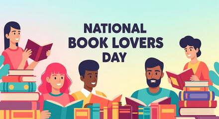 Illustration for National Book Lovers Day featuring diverse people reading books with stacked books.
