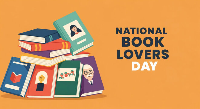 Colorful stack of books with the text "National Book Lovers Day" on an orange background.