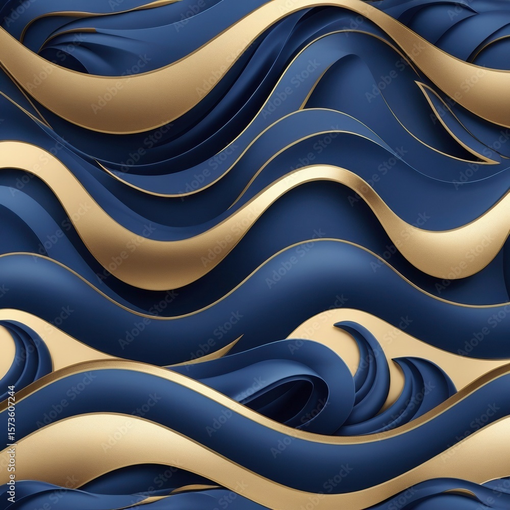 Poster elegant waves: abstract composition features undulating forms in opulent blue and gold tones, creati