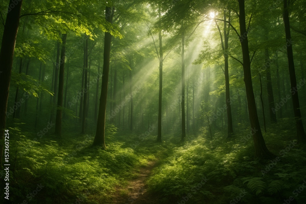 Poster sunlit forest scene with rays of light illuminating the pathway