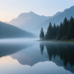 Breathtaking sunrise over a peaceful mountain landscape with mist, pine trees, and a calm reflective lake. Captures the beauty of nature and the serenity of untouched wilderness