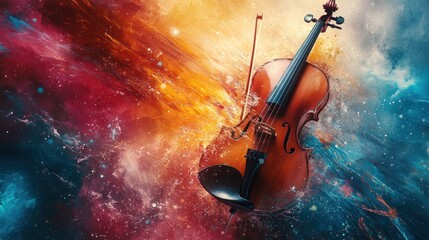 Fototapeta premium a vibrant artwork showcasing a violin bathed in a cosmic array of celestial colors and nebulous forms creating an ethereal and musically rich atmosphere