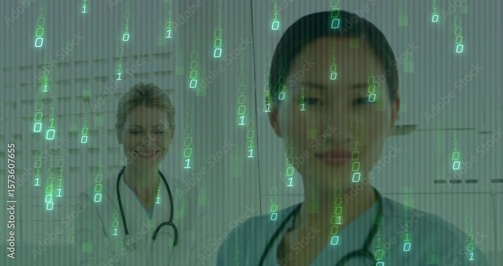 Poster female doctors in consultation initiating binary code overlay revealing health data analytics flow