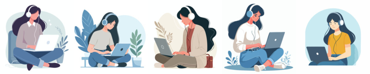 Young Women Working on Laptops While Listening to Music – Flat Design Vector Collection