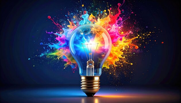 Colorful lightbulb exploding with vibrant paint