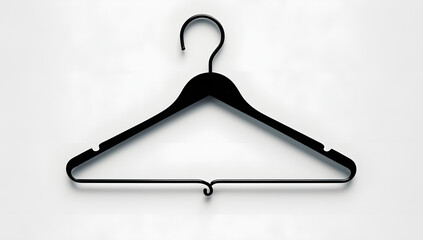 Black silhouette of a twisted wire hanger with an off-center hook, centered on a pure white background, symbolizing imperfection, fashion fatigue, or abandonment—ideal for minimalist storytelling