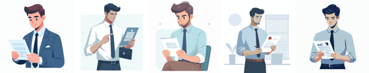 Businessmen Analyzing Reports and Documents – Flat Vector Illustration