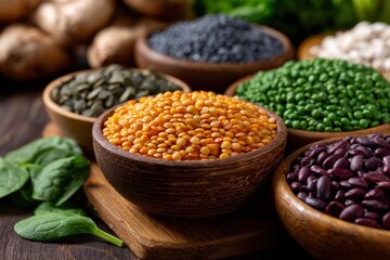 Fototapeta premium Bowls of lentils beans and peas are arranged on a wooden table with spinach leaves and mushrooms