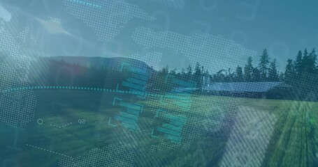 Sunlit field initiating digital overlay animation, showing real-time global data streams above barn - Powered by Adobe