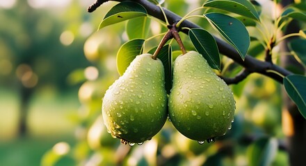 Two green pears on a branch with water droplets and foliage in sunlight