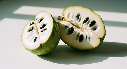 Two halves of a cut Pawpaw fruit revealing the black seeds inside.