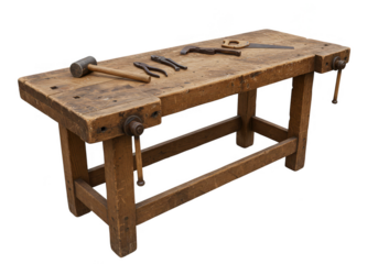 Wooden Workbench Full of Carpentry Tools Isolated in Transparent Background