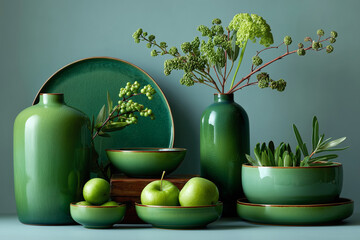 Chic green ceramic dishware in modern minimalist still life
