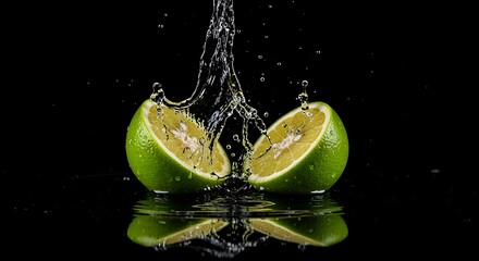 Two lime halves meet, creating splash of water against black backdrop.
