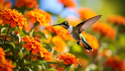 A hummingbird, wings spread, soars through a vibrant cluster of orange zinnias.  Sunlight highlights the bird's  green and white plumage.  Beautiful garden scene
