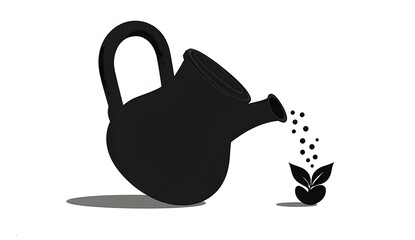 Black silhouette of a tilted antique clay jug pouring stylized dotted water onto a small sprouting seedling below. Geometric balance on pure white background, symbolizing growth, care