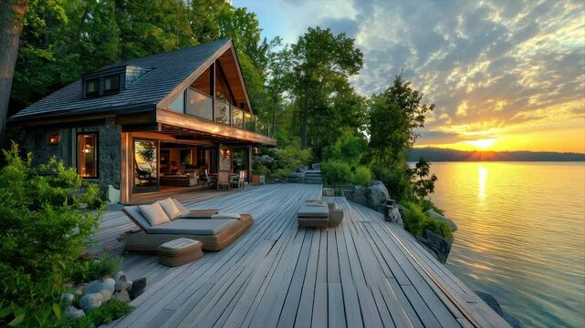 Lakeside A-frame home with expansive deck at sunset