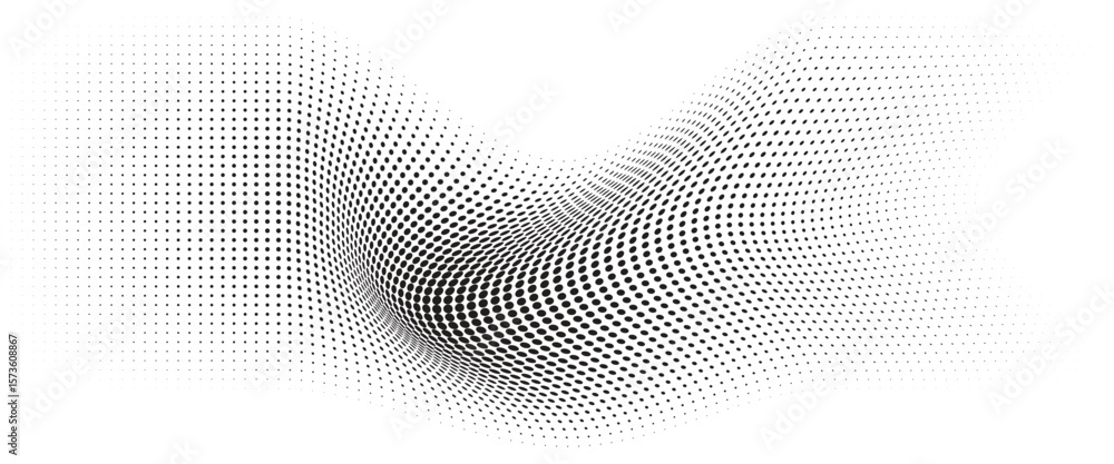 Poster mobile flowing wave dot halftone pattern: curve gradient shape on transparent background. suitable f